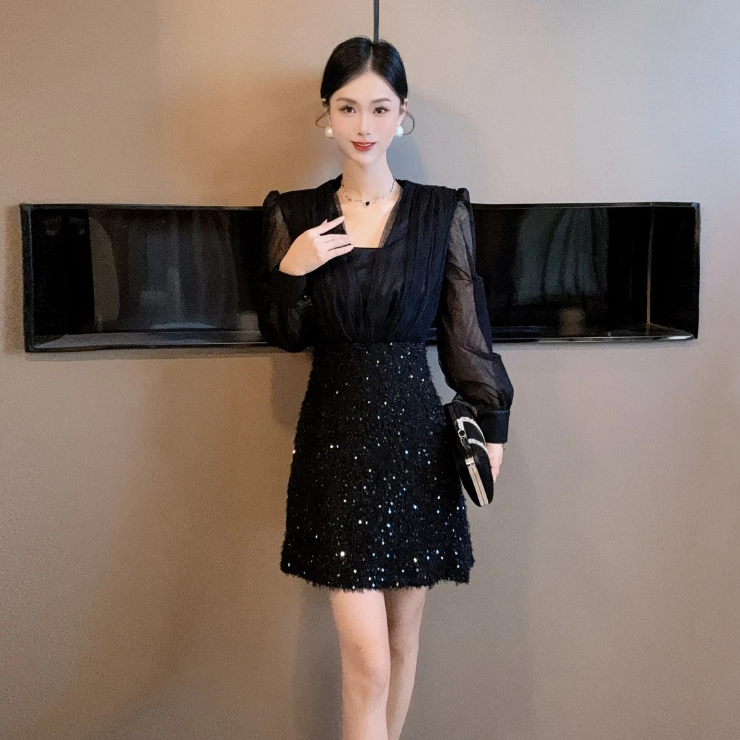 【设计师定制】新款时尚显瘦法式性感气质名媛连衣裙9915