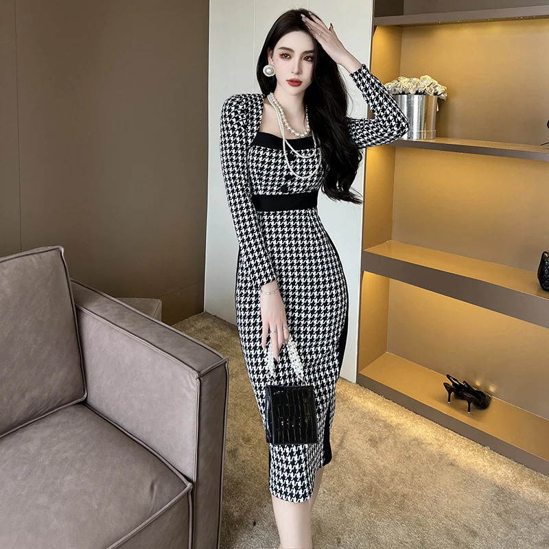 【设计师定制】新款轻奢气质方领修身包臀千鸟格连衣裙30022