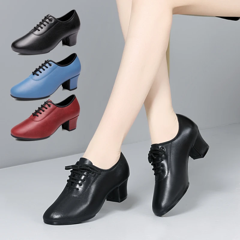 女鞋真皮教师鞋广场舞鞋系带中高跟夏季黑色蓝色红色交谊舞鞋水兵