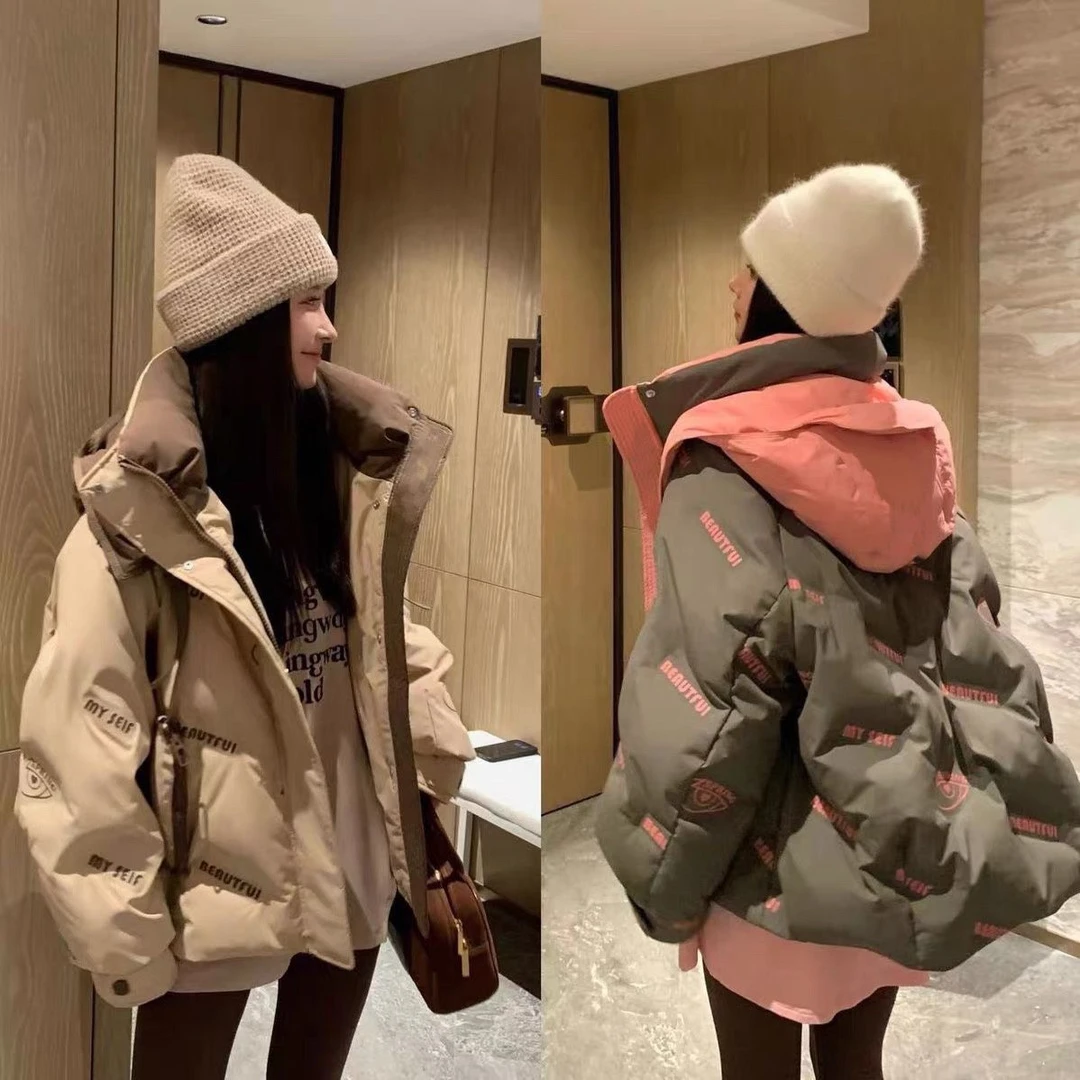 冬季加厚重工艺白鸭绒羽绒服女连帽印花设计感小众中长款大衣外套