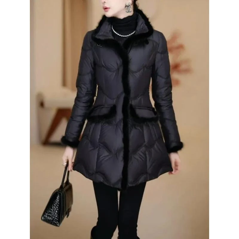 90白鸭绒羽绒服女2023秋冬新款高端气质优雅中款毛领保暖外套女冬