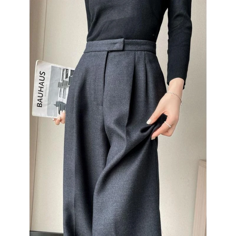 灰色加厚呢子西装裤女秋冬垂感高级窄版阔腿裤高腰毛呢休闲直筒裤