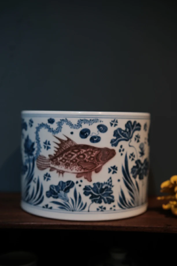 博陵造物青花釉里红鱼藻大冰桶