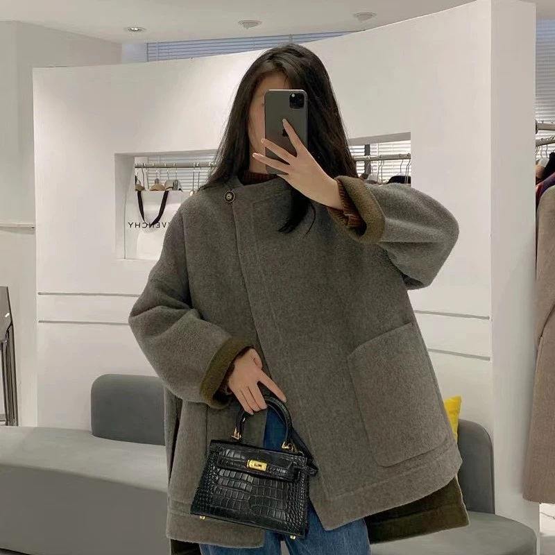 22001新款时尚百搭休闲中长款高端圆领羊毛宽松韩版羊毛外套