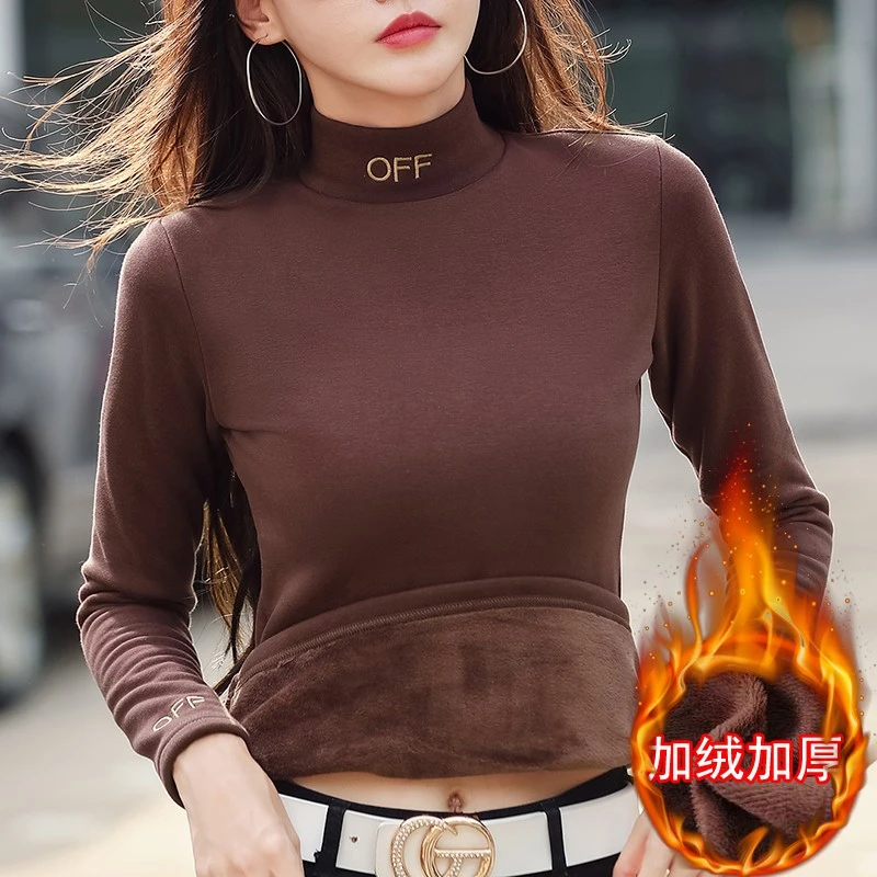 dhini加绒加厚半高领打底衫女秋冬季保暖长袖T恤上衣内搭小衫外穿