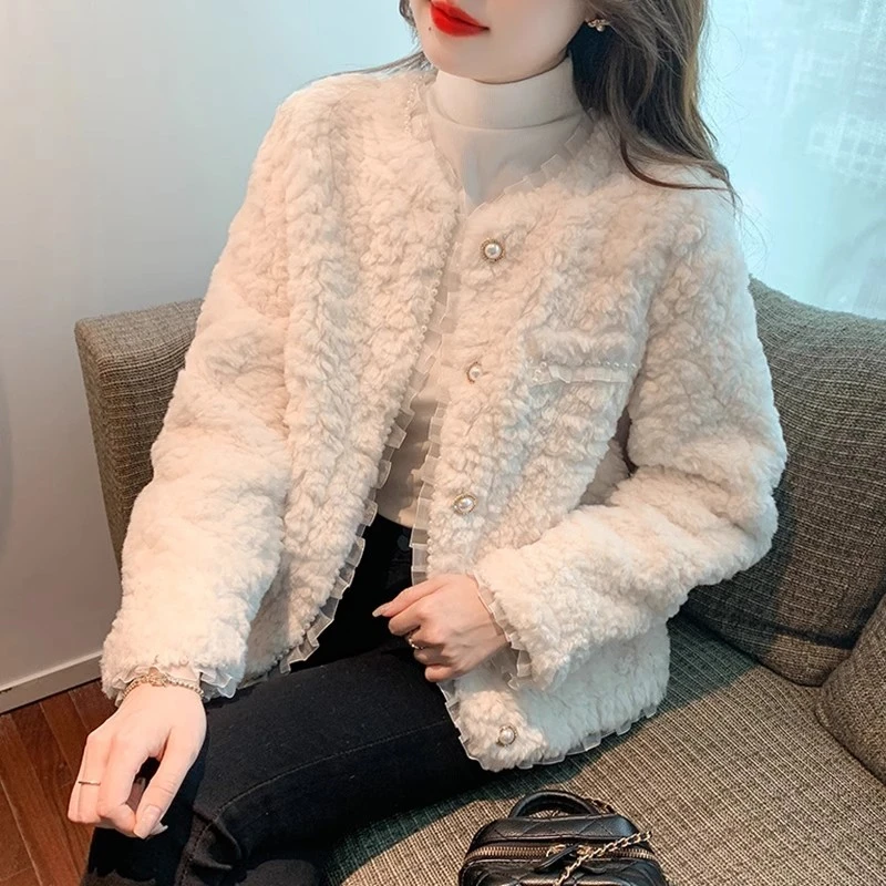 dhini羊羔毛小香风外套女秋冬2023新款加厚小个子高级感短款上衣