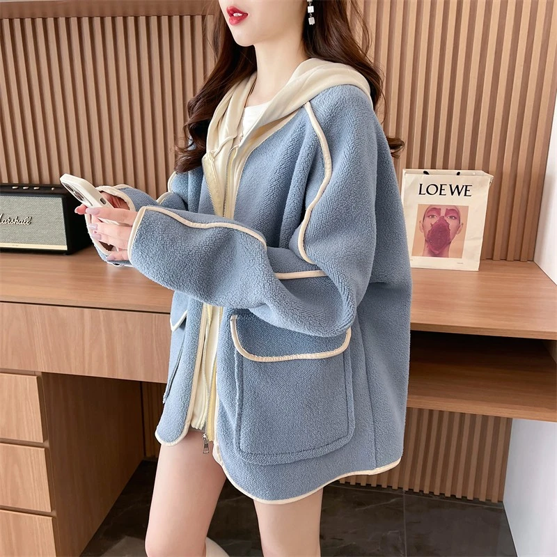 dhini羊羔毛连帽外套女2023秋冬季新款拼色宽松加绒加厚开衫上衣