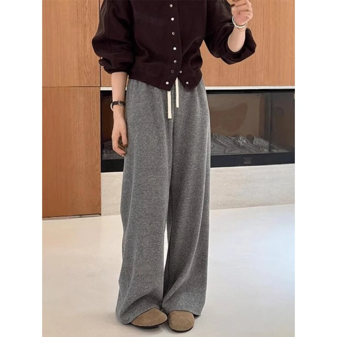 高级感灰色阔腿裤女秋冬云感裤高腰拖地裤抽绳垂感直筒裤休闲卫裤