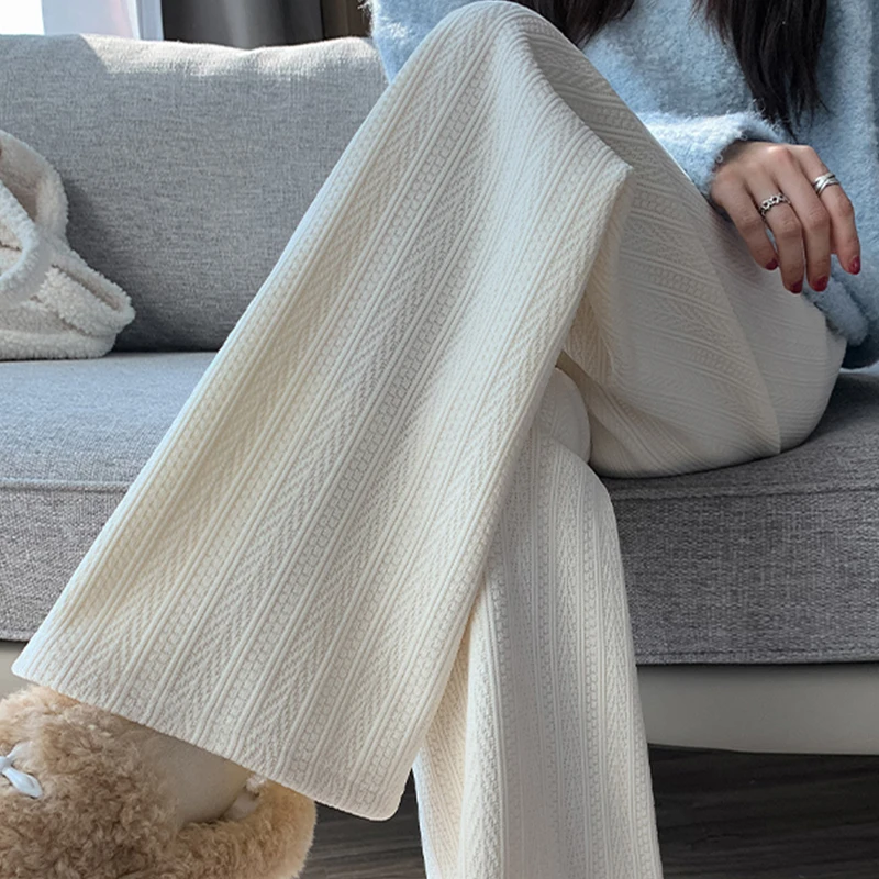 白色加绒阔腿裤女春秋冬2025年新款高腰垂感宽松直筒休闲雪尼尔裤