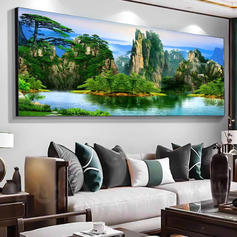 山水风景画客厅装饰画沙发背景轻奢挂画镶钻靠山图挂画晶瓷画壁画
