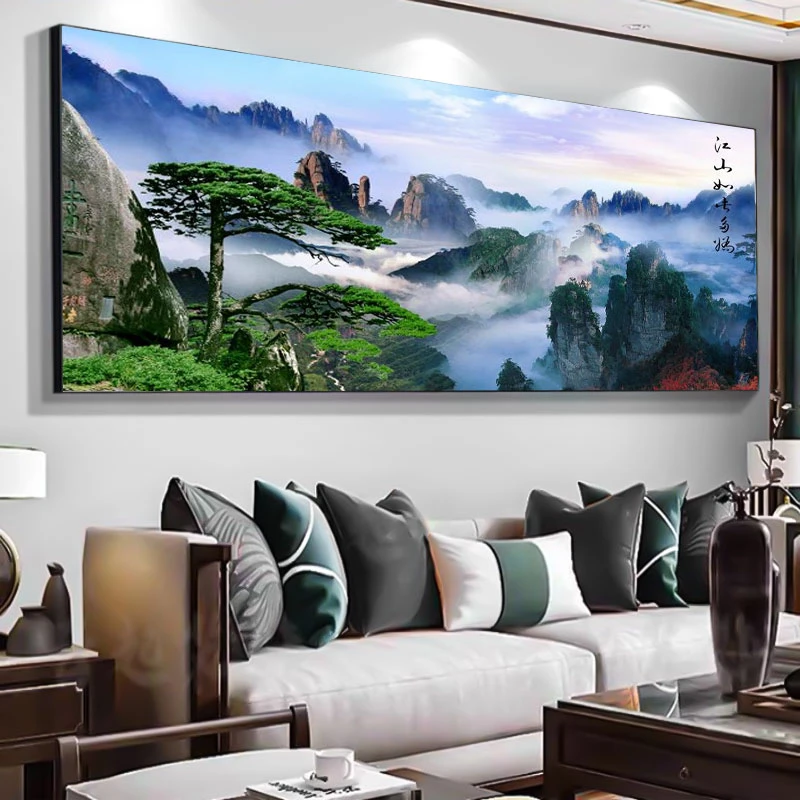 江山如此多娇】山水画客厅装饰画入户新款轻奢镶钻晶瓷画餐厅挂画