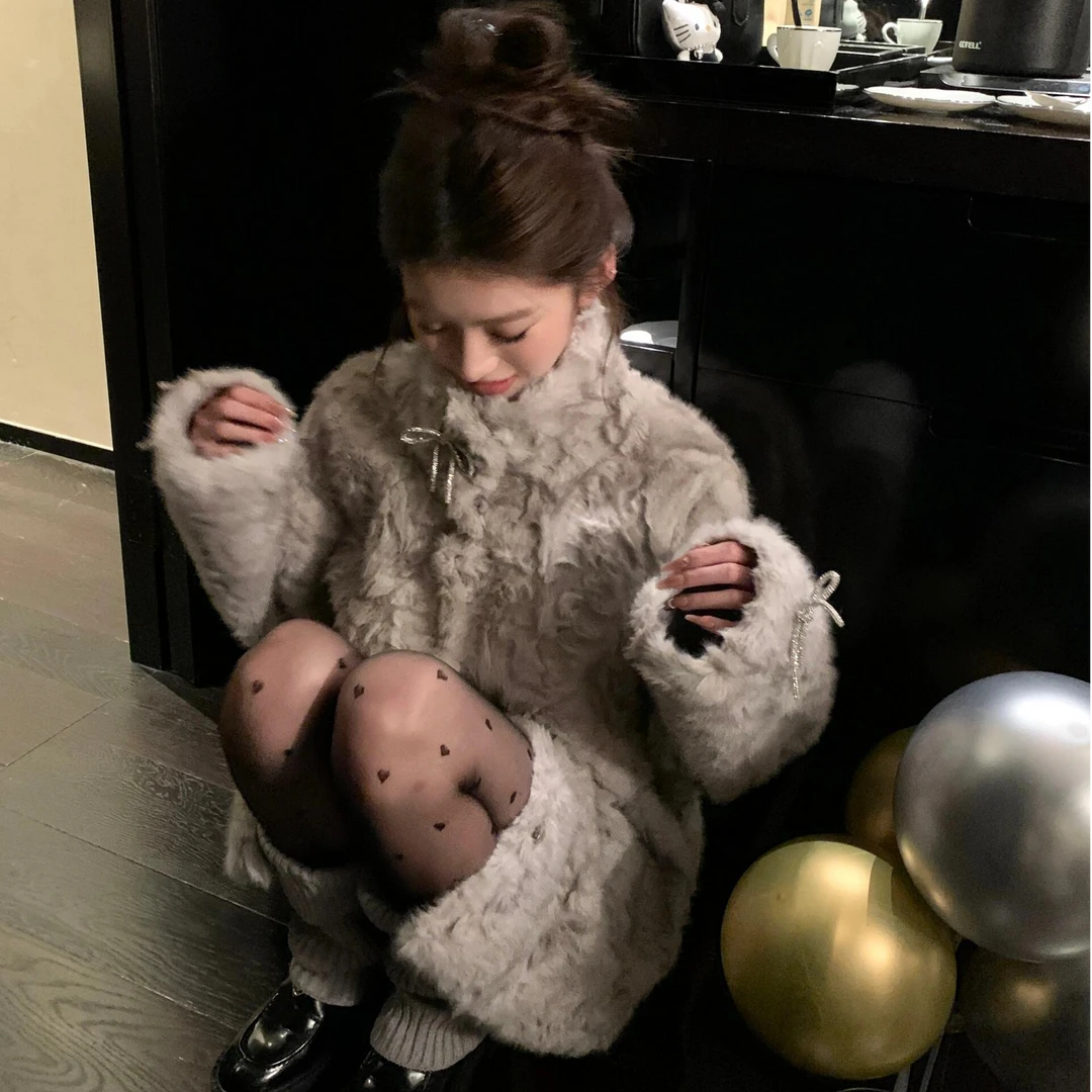 LLJ"月影少女"立领染尖环保皮毛一体外套女保暖短款毛毛大衣毛绒