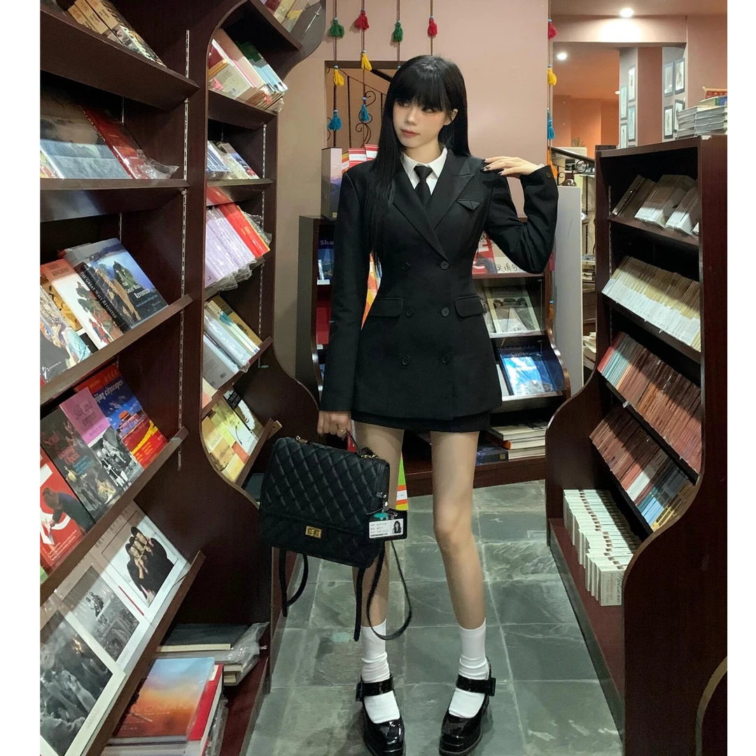 张元英学院风穿搭jk制服双排扣西装外套收腰显瘦西服包臀裙套装秋