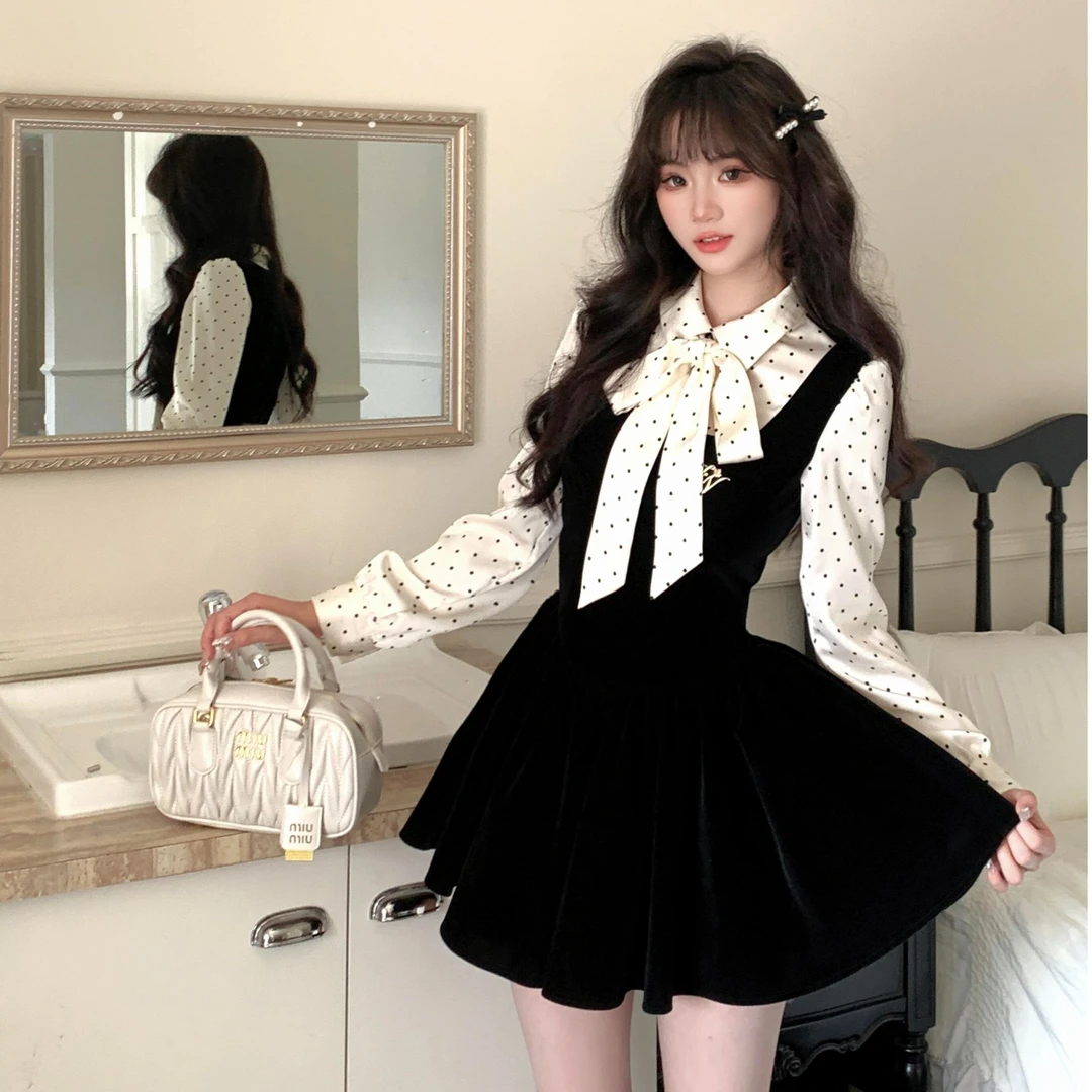 丝绒黑巧 法式少女连衣裙miu系富家千金高级感秋季波点假两件裙子