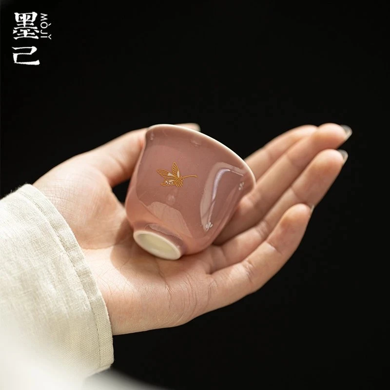 豇豆红豇豆红蝴蝶品茗杯 功夫茶具陶瓷烫金家用茶杯小号 金银错