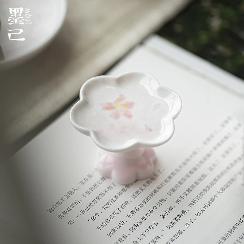 墨己手绘染粉樱花陶瓷盖置茶道配件紫砂壶盖托茶盖放置垫花朵