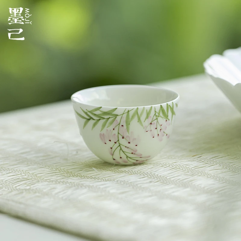 墨己 玉泥-云饶紫藤-小圆茶杯中式白瓷精工手绘釉下彩