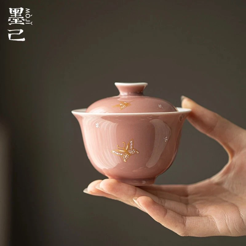 豇豆红豇豆红陶瓷盖碗 功夫茶具烫金蝴蝶家用茶碗 金银错舞蝶盖碗