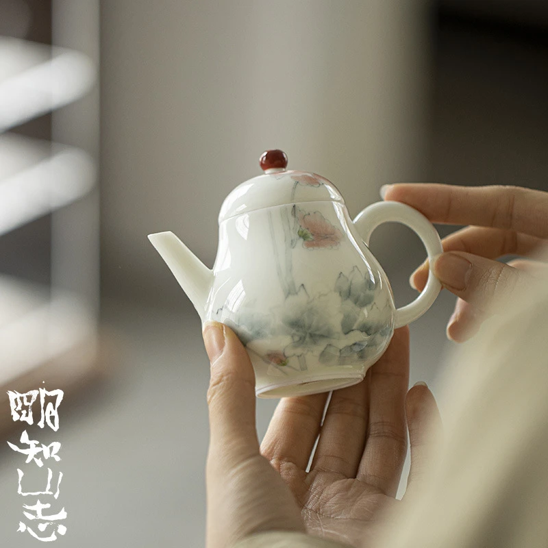 明知山志玉泥手绘茶壶 功夫茶具陶瓷白瓷泡茶手执壶 步步生莲壶