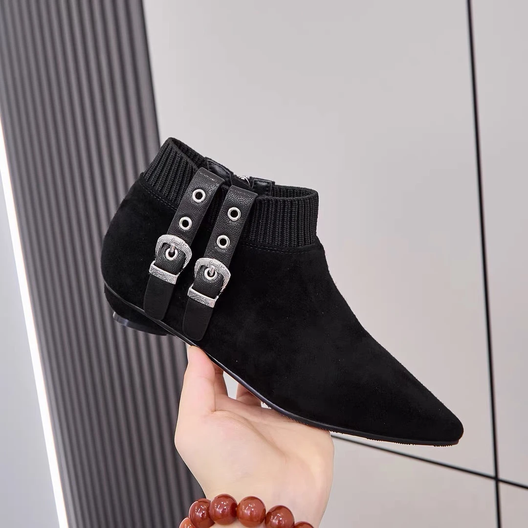 广州女鞋300-2羊反绒羊京皮短靴矮靴尖头欧货休闲女单靴时尚百搭