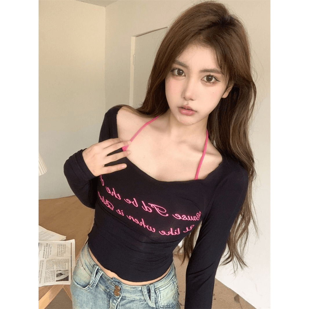 美式辣妹装一字肩长袖T恤女秋冬季设计感小众内搭打底衫短款上衣