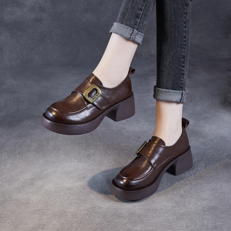 【千诗定制】头层牛皮秋冬新款乐福鞋女厚底粗跟复古单鞋真皮小皮鞋