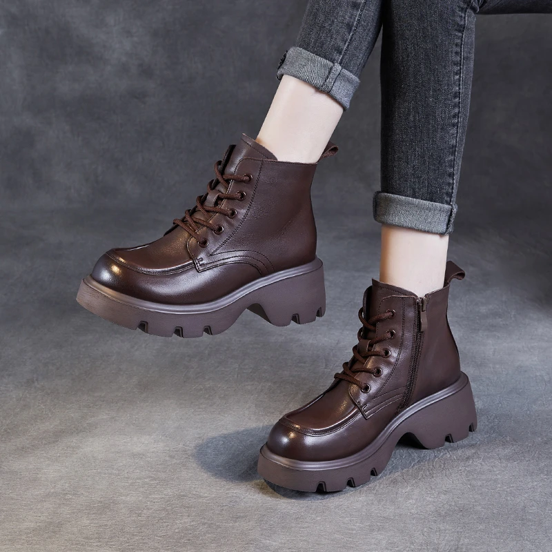 【千诗定制】头层牛皮秋冬新款复古马丁靴女休闲百搭加绒真皮女短靴