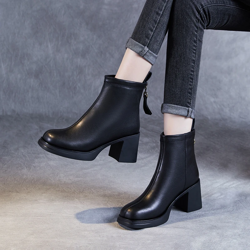 【千诗定制】头层牛皮后拉链切尔西靴女士秋冬瘦瘦靴时尚加绒短靴子