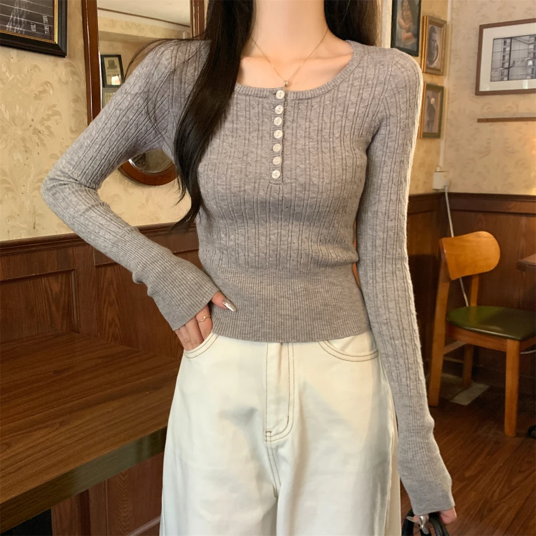 U领排扣百搭长袖内搭T恤女秋季2024新款坑条修身显瘦打底衫上衣潮