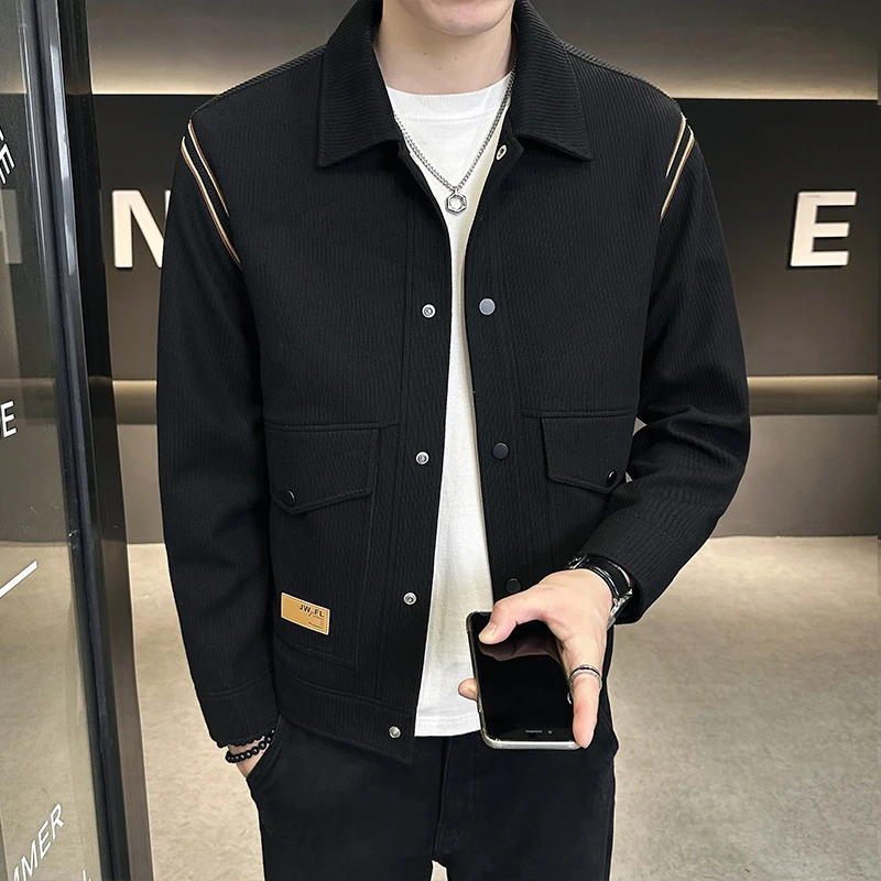 高端男装2024春秋新款潮流帅气修身男士夹克外套翻领休闲撞色上衣