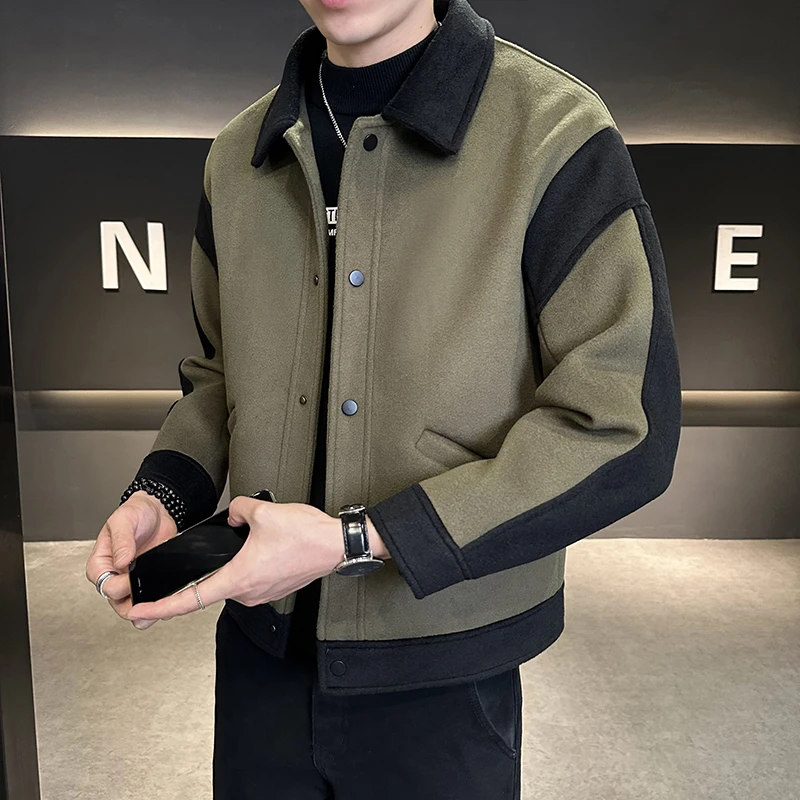 爆款高端休闲男外套2025春秋新款撞色呢料男士夹克潮流呢子上衣服