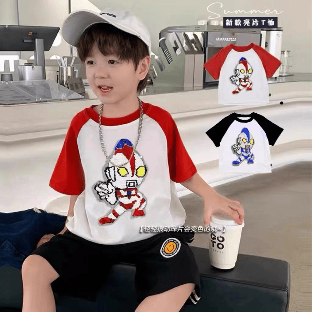 【变色亮片】儿童纯棉短袖T恤2024新款夏女童男孩宝宝卡通上衣
