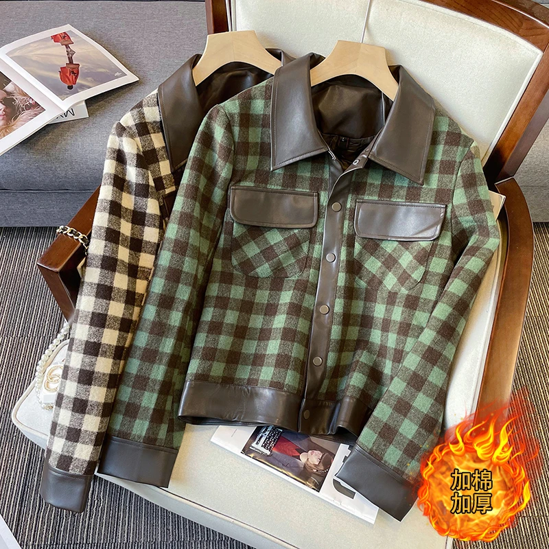 【Q】13222#秋冬新款大码女胖mm复古翻领pu皮拼接加棉加厚短款外套