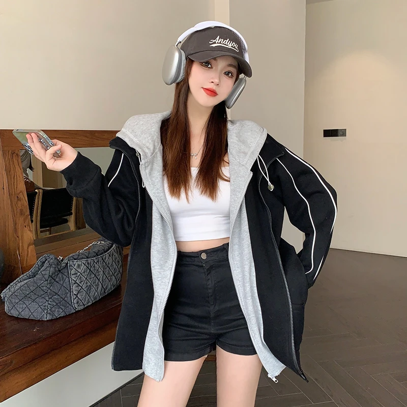 17567#春装新款胖mm大码休闲慵懒风假两件开衫连帽卫衣