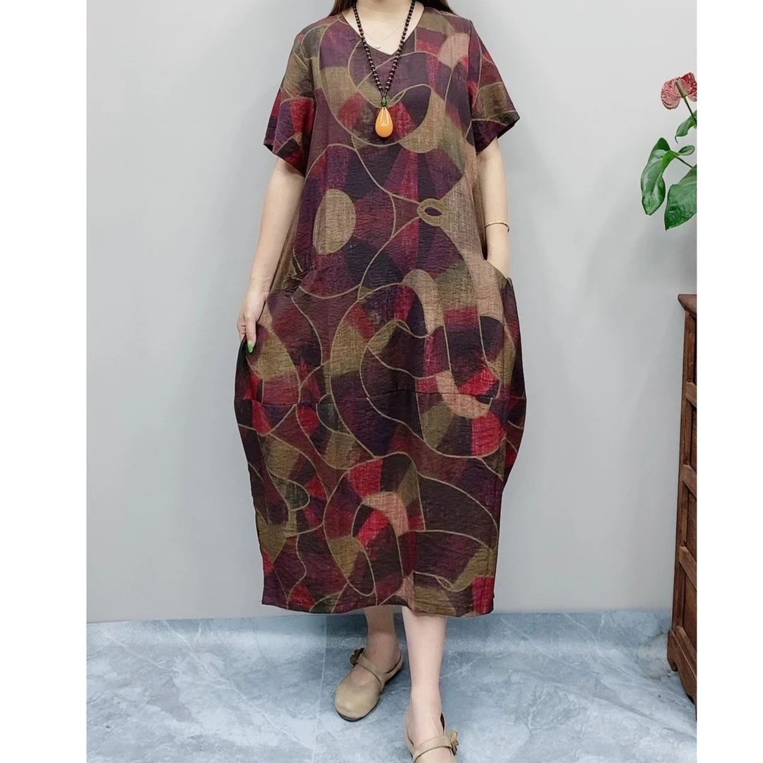 1029款新款夏季短袖宽松时尚民族风v领连衣裙大码气质长裙连衣裙