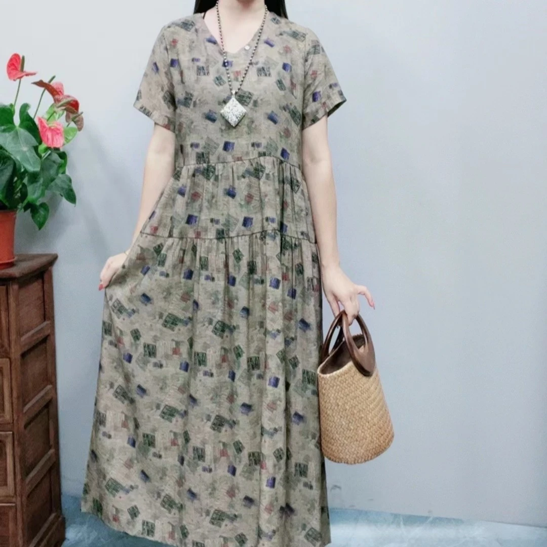 1071新款夏季显瘦气质时尚印花洋气法式复古休闲长裙女装连衣裙