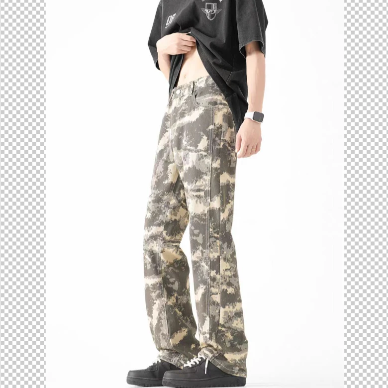 潮牌复古迷彩休闲裤男秋美式vibe高街直筒微喇裤宽松百搭工装裤子