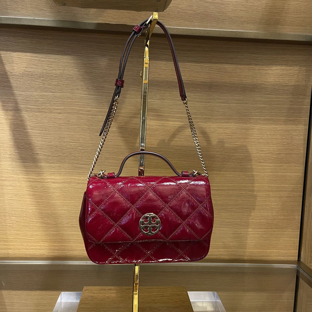 Tory Burch/汤丽柏琦 willa小号方胖子红色漆皮小香风手提斜挎包