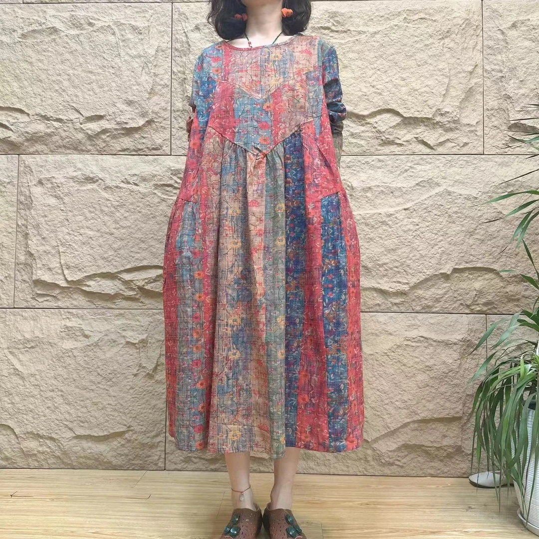 5750秋款新款气质A字版印花长款大摆连衣裙时尚文艺复古