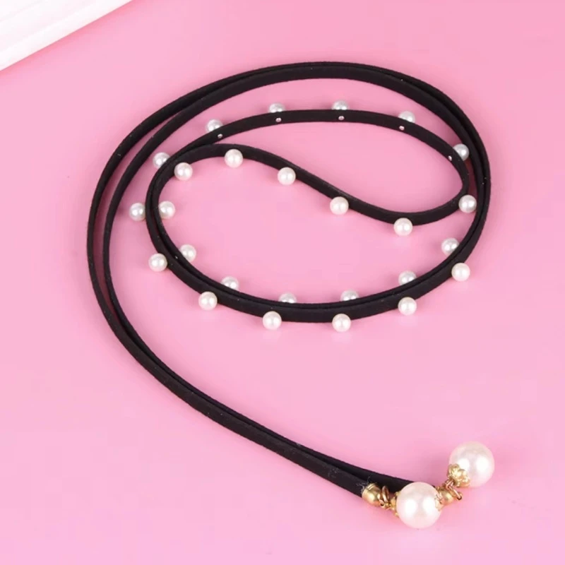 2024年新款皮带女士新款连衣裙腰带珍珠装饰超长韩国绒细腰链