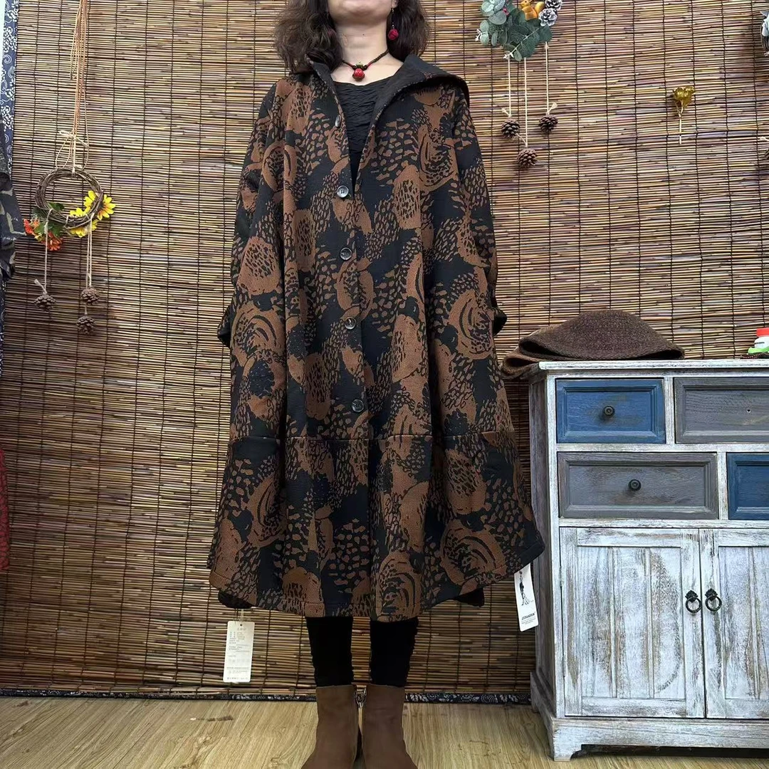 5915冬季加厚黑底咖色外套遮肉显瘦长款风衣