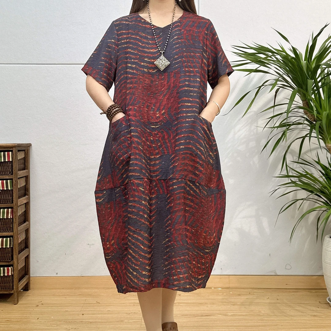 9833-11新款文艺显瘦气质A字版印花长款大摆连衣裙时尚文艺复古