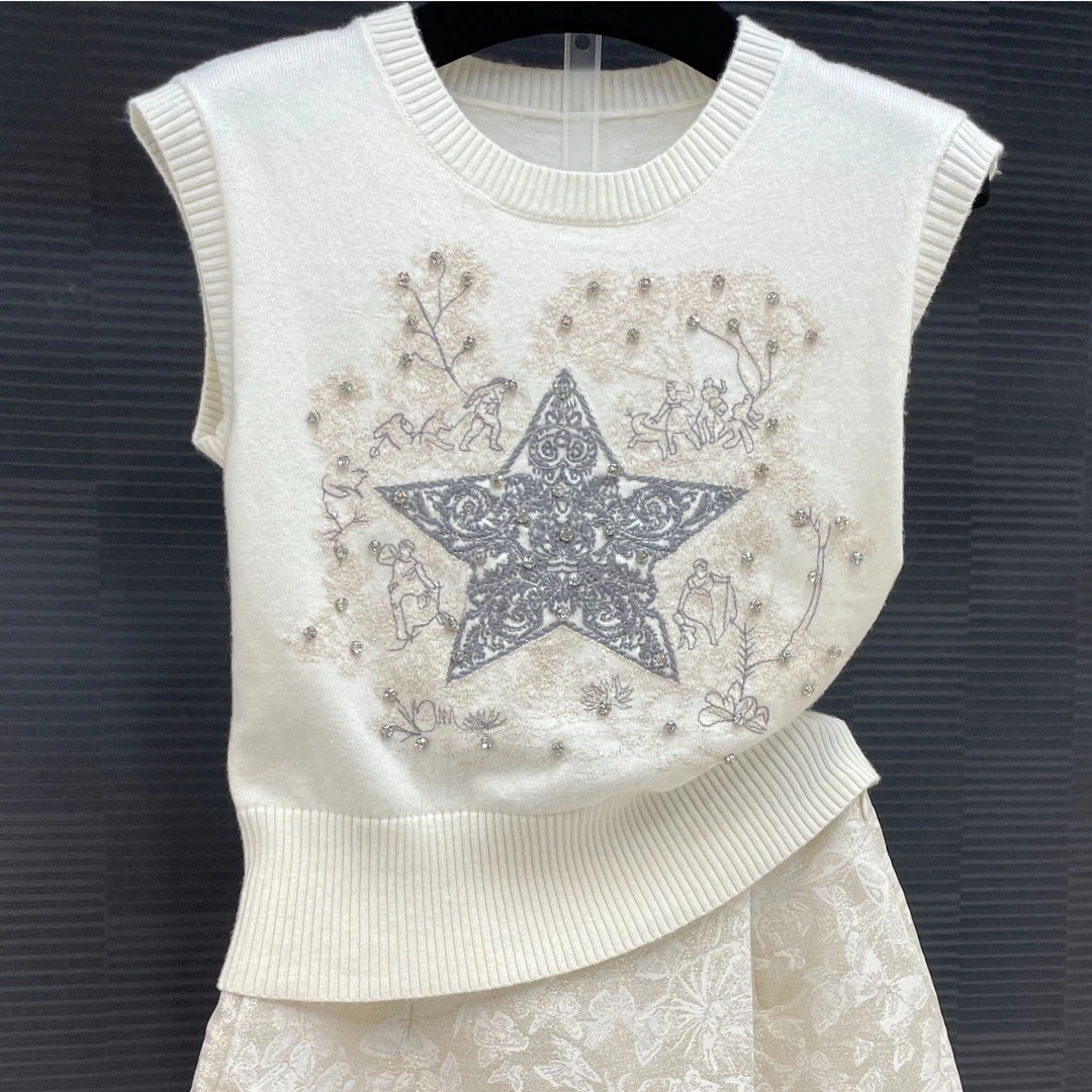 <猪猪家>毛衣针织衫背心网红白色五角星夏季镂空无袖圆领134