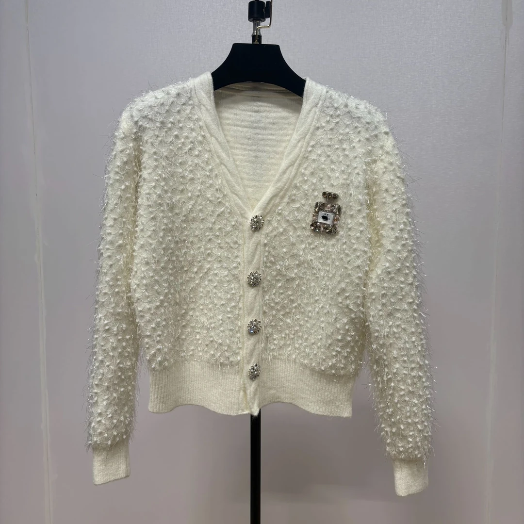 <猪猪出品>红人上新气质轻奢时尚白色百搭长袖流苏秋冬针织开衫