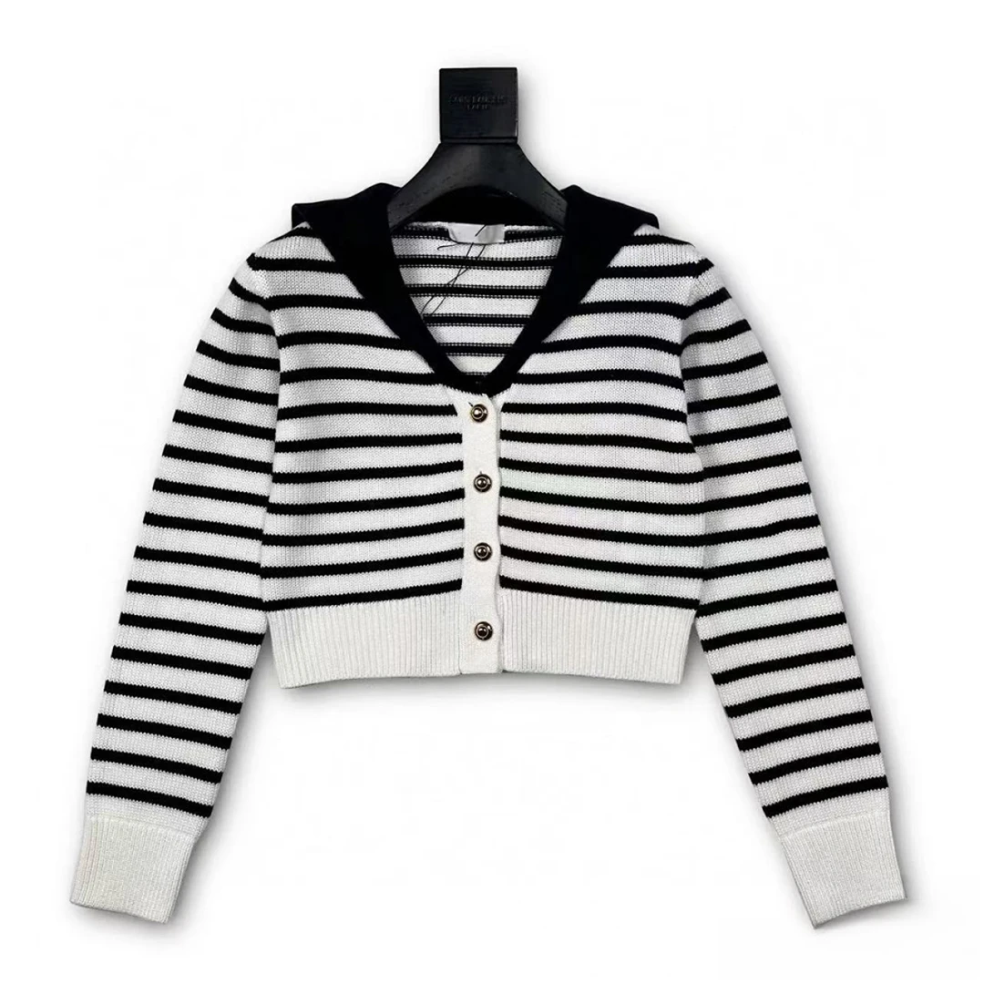 <猪猪出品>秋上新长袖时尚百搭条纹黑白海军翻领修身秋季针织开衫