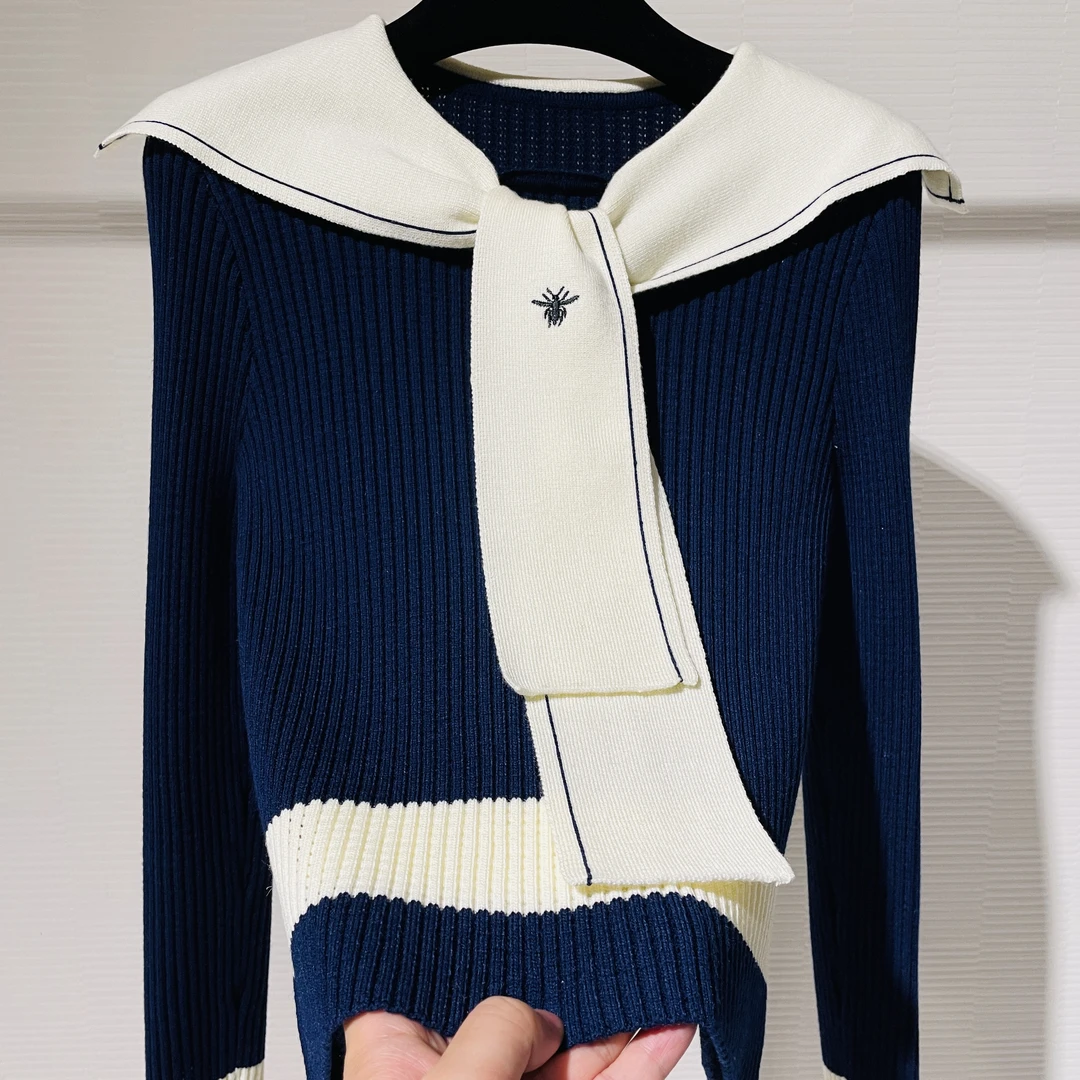 <猪猪出品>秋上新海军领针织衫蓝色套头撞色气质拼接百搭时尚114
