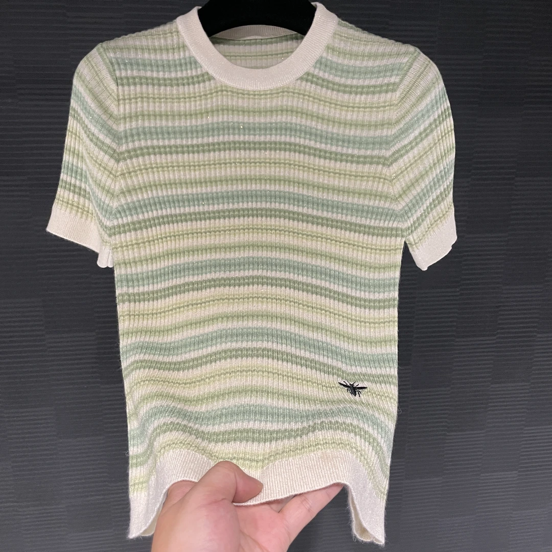 <猪猪家>毛衣针织衫条纹百搭绿色莫奈花园风女款气质时尚休闲夏季