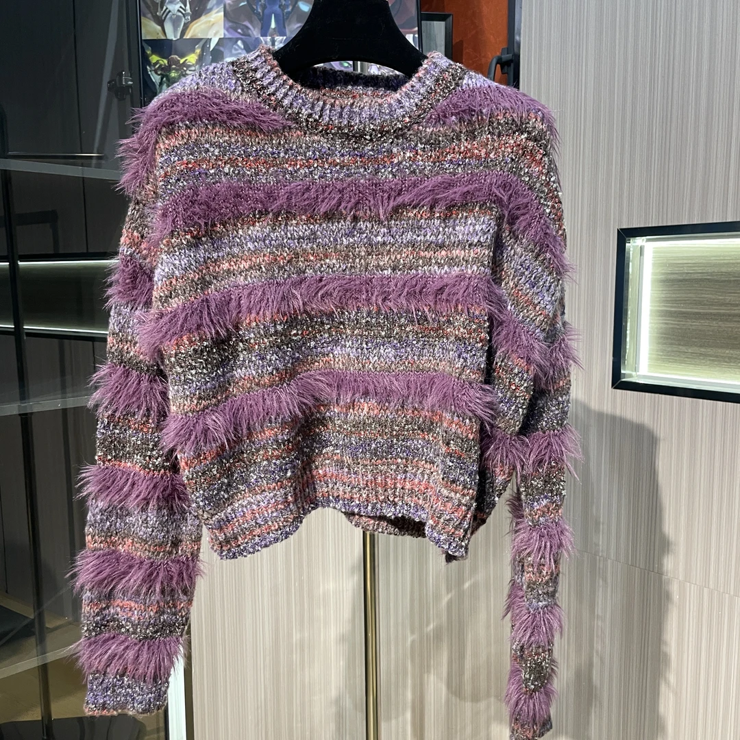 <猪猪出品>红人上新网红时尚百搭乱紫色圆领秋冬针织套头设计师