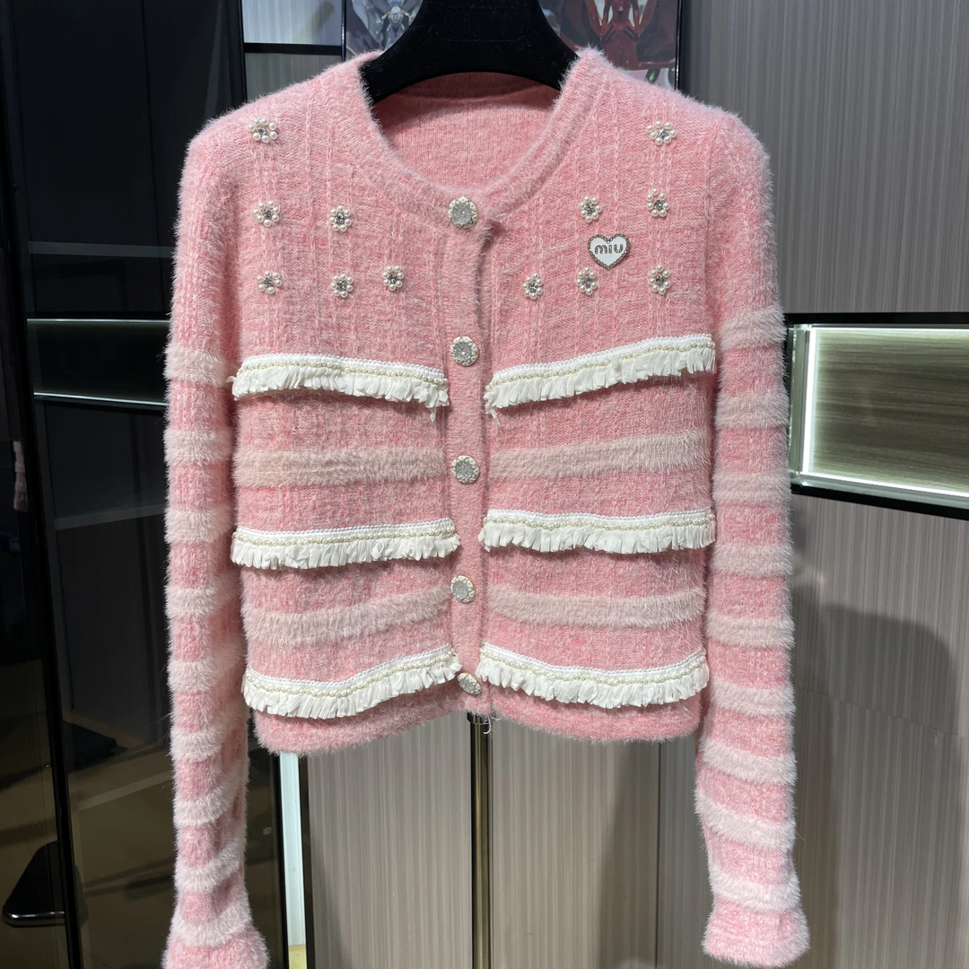 <猪猪上新>秋冬款樱花粉针织开衫小香风气质长袖轻奢短款时尚名媛