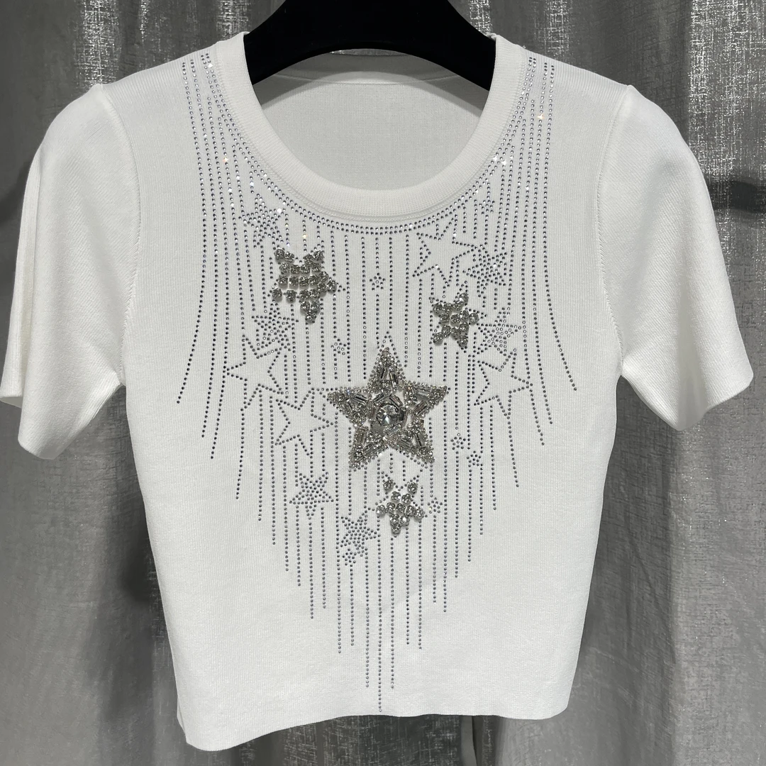 <猪猪家>曲珠针织衫夏季短袖T恤五角星百搭修身设计师圆领镶钻737